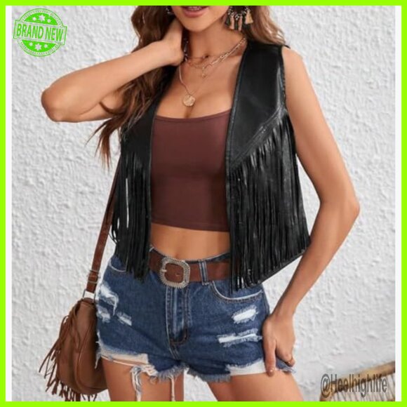 Western Fringe Vest Sleeveless Cropped Cardigan Faux Leather Boho - Picture 2 of 5